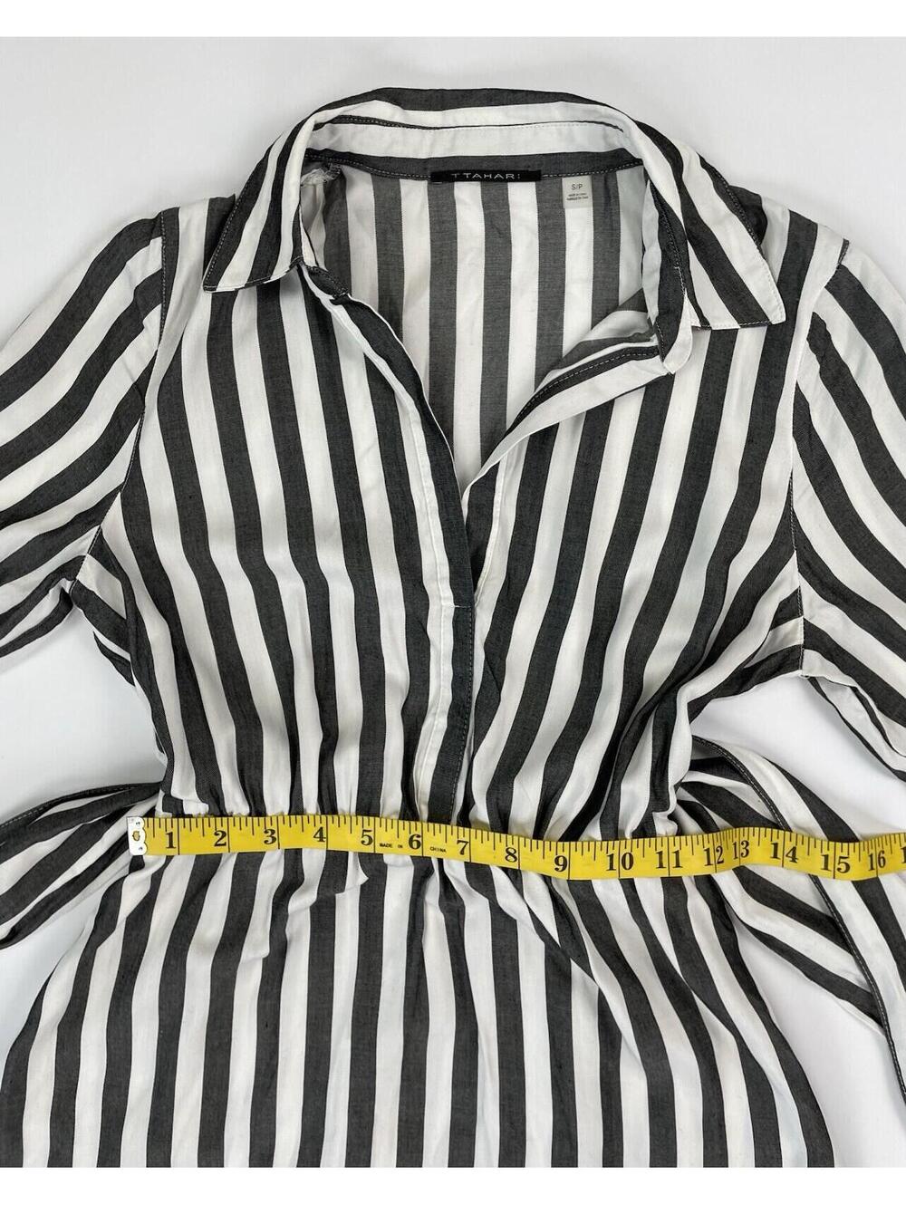 T Tahari Women's Charcoal Black White Striped Belted Shirtdress  Nautical SM - Picture 9 of 11